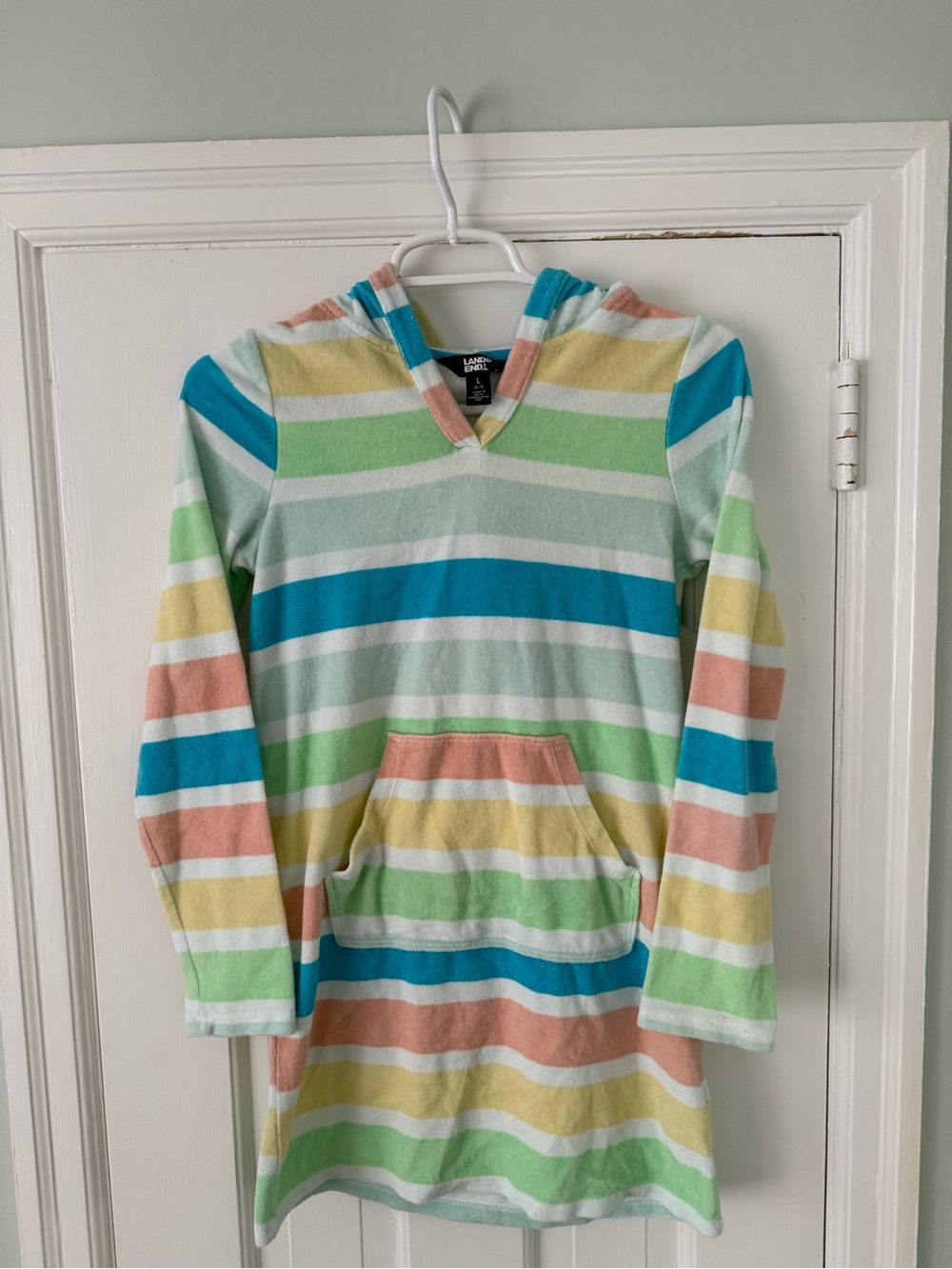 Lands' End Hooded Stripe Towelling Tunic Coverup Stripes size Large (10-12) EUC